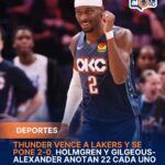 Oklahoma City Thunder amplió su dominio en la serie al derrotar 125-107 a Los Ángeles Lakers, colocándose 2-0 en las semifinales del Oeste de la NBA. Chet Holmgren y Shai Gilgeous-Alexander fueron los líderes ofensivos con 22 puntos cada uno, en un partido donde el Thunder también contó con aportes clave de Ajay Mitchell y Jaren McCain, manteniendo su invicto en playoffs. Los Lakers, afectados por la ausencia de Luka Doncic y otras limitaciones físicas en su plantilla, no lograron contener el ritmo del Thunder pese a los esfuerzos de Austin Reaves y LeBron James. El tercer juego se disputará en Los Ángeles, donde el equipo local intentará acortar la serie. Más información en alodigitalrd.com. #AloRD #AloDigitalRD #NoticiasRD #NBA #Thunder #Lakers #PlayoffsNBA #DeportesRD