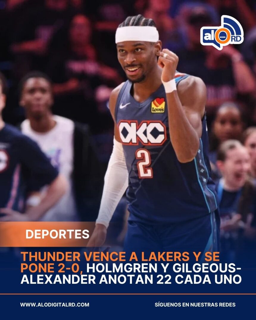 Oklahoma City Thunder amplió su dominio en la serie al derrotar 125-107 a Los Ángeles Lakers, colocándose 2-0 en las semifinales del Oeste de la NBA. Chet Holmgren y Shai Gilgeous-Alexander fueron los líderes ofensivos con 22 puntos cada uno, en un partido donde el Thunder también contó con aportes clave de Ajay Mitchell y Jaren McCain, manteniendo su invicto en playoffs. Los Lakers, afectados por la ausencia de Luka Doncic y otras limitaciones físicas en su plantilla, no lograron contener el ritmo del Thunder pese a los esfuerzos de Austin Reaves y LeBron James. El tercer juego se disputará en Los Ángeles, donde el equipo local intentará acortar la serie. Más información en alodigitalrd.com. #AloRD #AloDigitalRD #NoticiasRD #NBA #Thunder #Lakers #PlayoffsNBA #DeportesRD