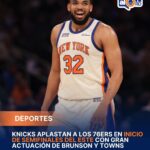 **Knicks aplastan a los 76ers en inicio de semifinales del Este con gran actuación de Brunson y Towns** Los New York Knicks dominaron 137-98 a los Philadelphia 76ers en el primer partido de las semifinales de la Conferencia Este de la NBA, con una destacada actuación de Jalen Brunson, quien anotó 35 puntos, 27 de ellos en la primera mitad. El dominicano Karl-Anthony Towns también tuvo una sólida presentación con 17 puntos, seis rebotes y seis asistencias en apenas 20 minutos, mientras OG Anunoby y Mikal Bridges también aportaron al amplio triunfo neoyorquino. Con esta victoria, los Knicks se convirtieron en el primer equipo en la historia de la NBA en ganar tres partidos consecutivos de postemporada por al menos 25 puntos. El equipo mantiene una racha dominante desde la primera ronda y ha ganado cuatro juegos seguidos por una diferencia total de 135 puntos. Por su parte, los 76ers tuvieron una noche difícil, con apenas 14 puntos de Joel Embiid y 17 de Paul George, quedando sin respuestas ante la intensidad ofensiva y defensiva de Nueva York. Más información en alodigitalrd.com. #NBA #Knicks #Sixers #KarlAnthonyTowns #JalenBrunson #PlayoffsNBA #AloRD #AloDigitalRD #NoticiasRD