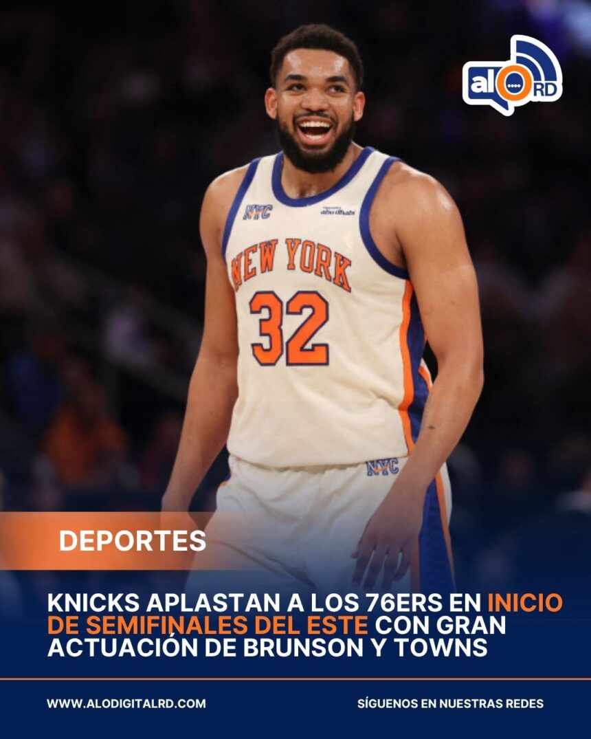 **Knicks aplastan a los 76ers en inicio de semifinales del Este con gran actuación de Brunson y Towns** Los New York Knicks dominaron 137-98 a los Philadelphia 76ers en el primer partido de las semifinales de la Conferencia Este de la NBA, con una destacada actuación de Jalen Brunson, quien anotó 35 puntos, 27 de ellos en la primera mitad. El dominicano Karl-Anthony Towns también tuvo una sólida presentación con 17 puntos, seis rebotes y seis asistencias en apenas 20 minutos, mientras OG Anunoby y Mikal Bridges también aportaron al amplio triunfo neoyorquino. Con esta victoria, los Knicks se convirtieron en el primer equipo en la historia de la NBA en ganar tres partidos consecutivos de postemporada por al menos 25 puntos. El equipo mantiene una racha dominante desde la primera ronda y ha ganado cuatro juegos seguidos por una diferencia total de 135 puntos. Por su parte, los 76ers tuvieron una noche difícil, con apenas 14 puntos de Joel Embiid y 17 de Paul George, quedando sin respuestas ante la intensidad ofensiva y defensiva de Nueva York. Más información en alodigitalrd.com. #NBA #Knicks #Sixers #KarlAnthonyTowns #JalenBrunson #PlayoffsNBA #AloRD #AloDigitalRD #NoticiasRD